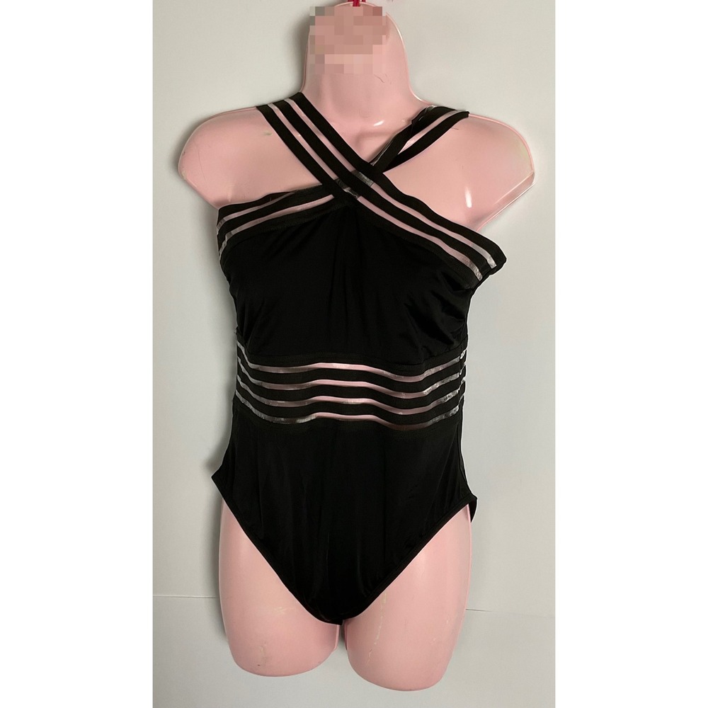 Hilor Womens Black Mesh Stripe Crisscross Halter One Piece Swimsuit Size L 10-12